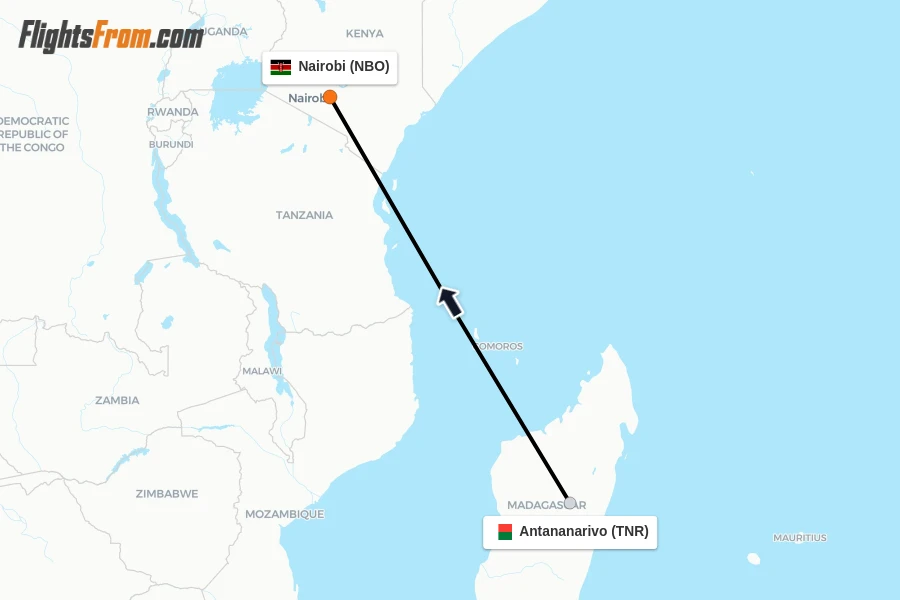 Flights from Antananarivo to Nairobi route map