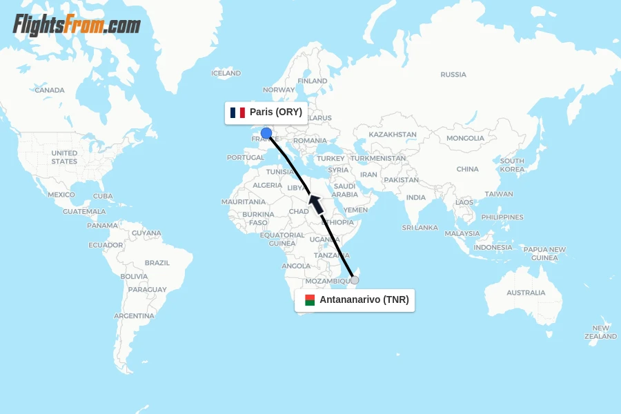 Flights from Antananarivo to Paris route map