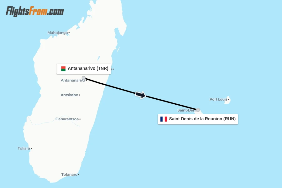 Flights from Antananarivo to Saint Denis de la Reunion route map