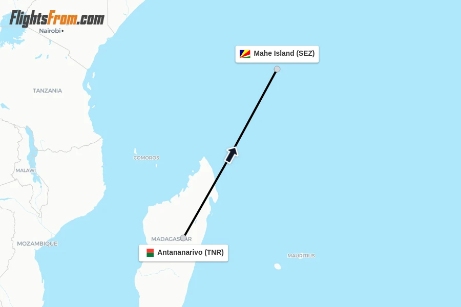 Flights from Antananarivo to Mahe Island route map