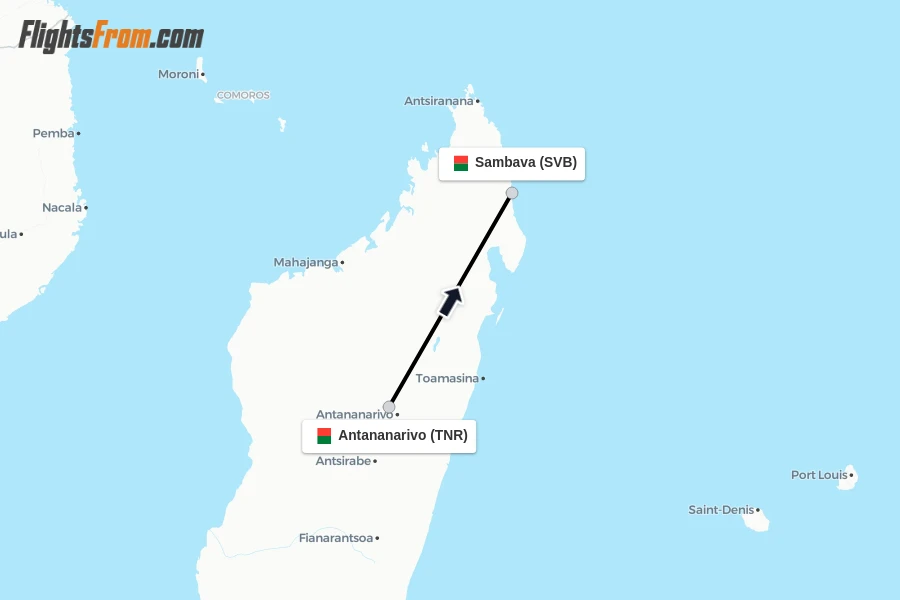 Flights from Antananarivo to Sambava route map
