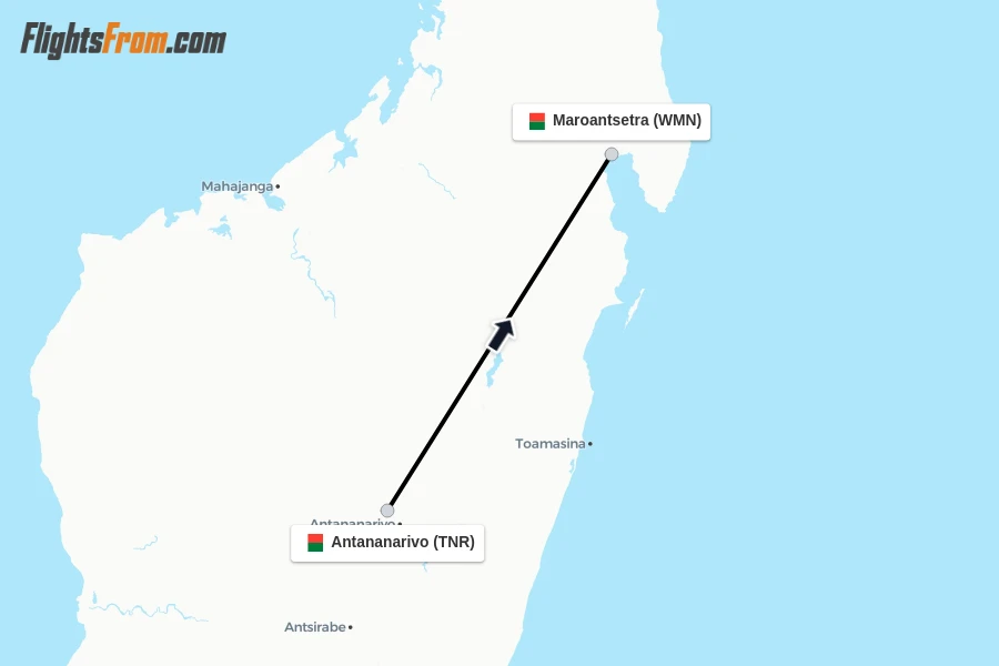 Flights from Antananarivo to Maroantsetra route map