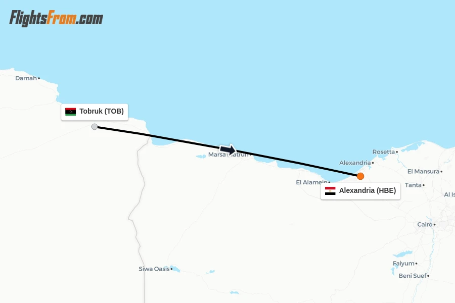 Flights from Tobruk to Alexandria route map