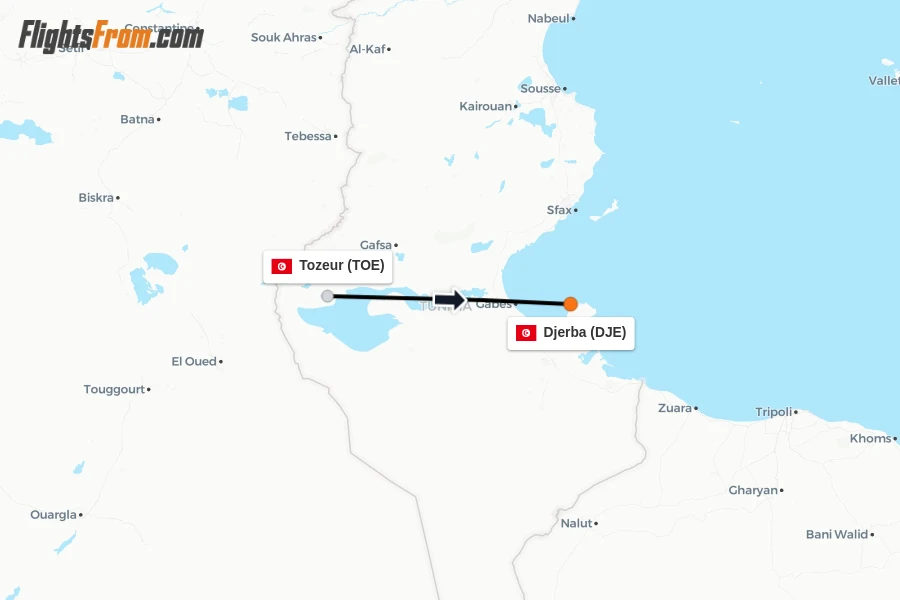 Flights from Tozeur to Djerba route map
