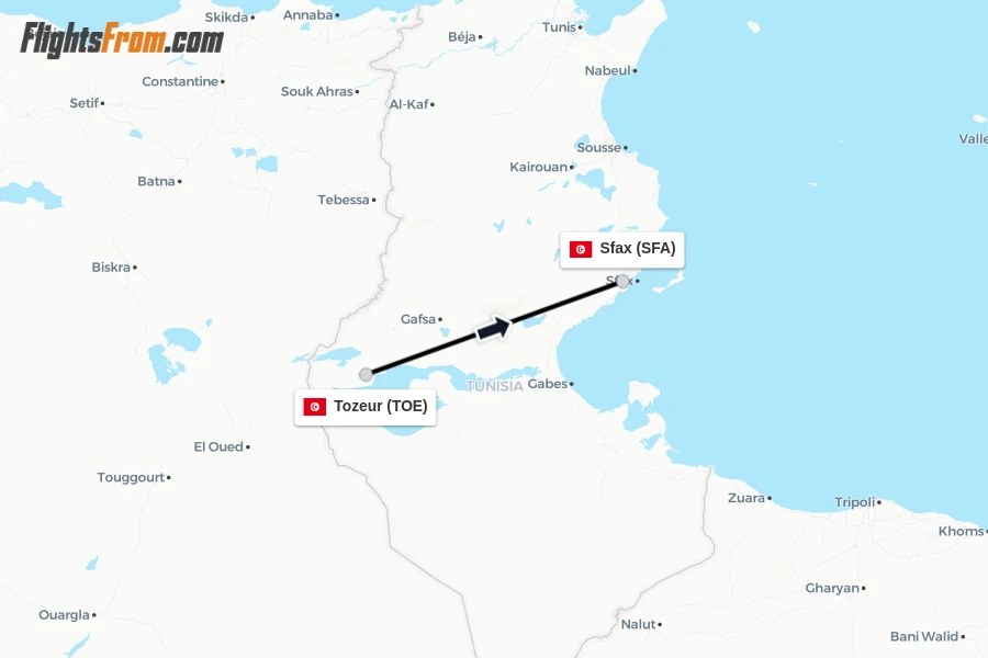 Flights from Tozeur to Sfax route map