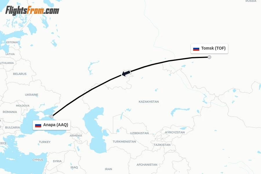 Flights from Tomsk to Anapa route map