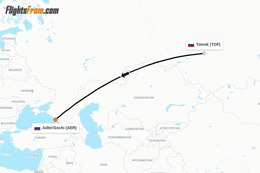 Flights from Tomsk to Adler/Sochi route map