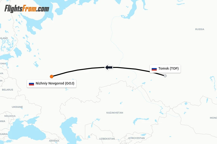 Flights from Tomsk to Nizhniy Novgorod route map