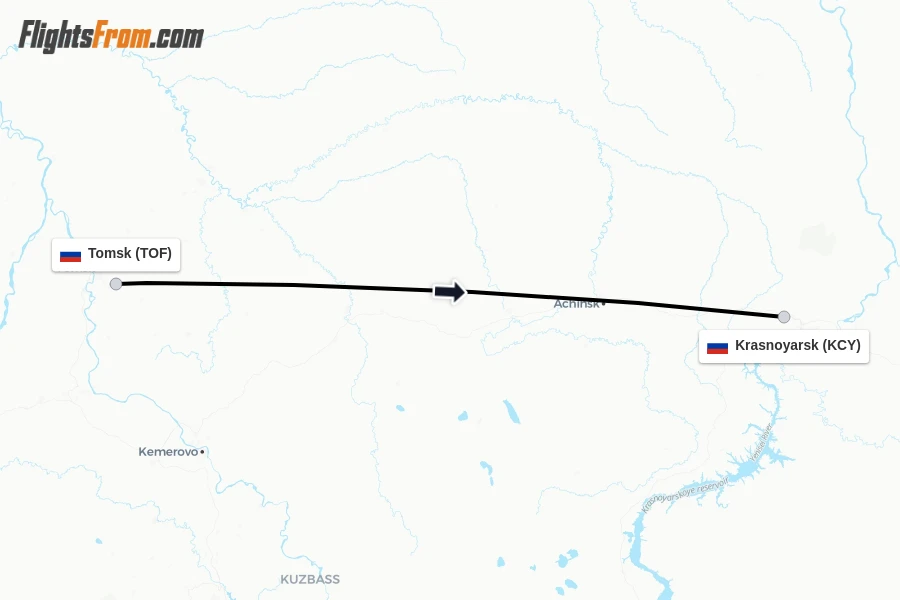 Flights from Tomsk to Krasnoyarsk route map
