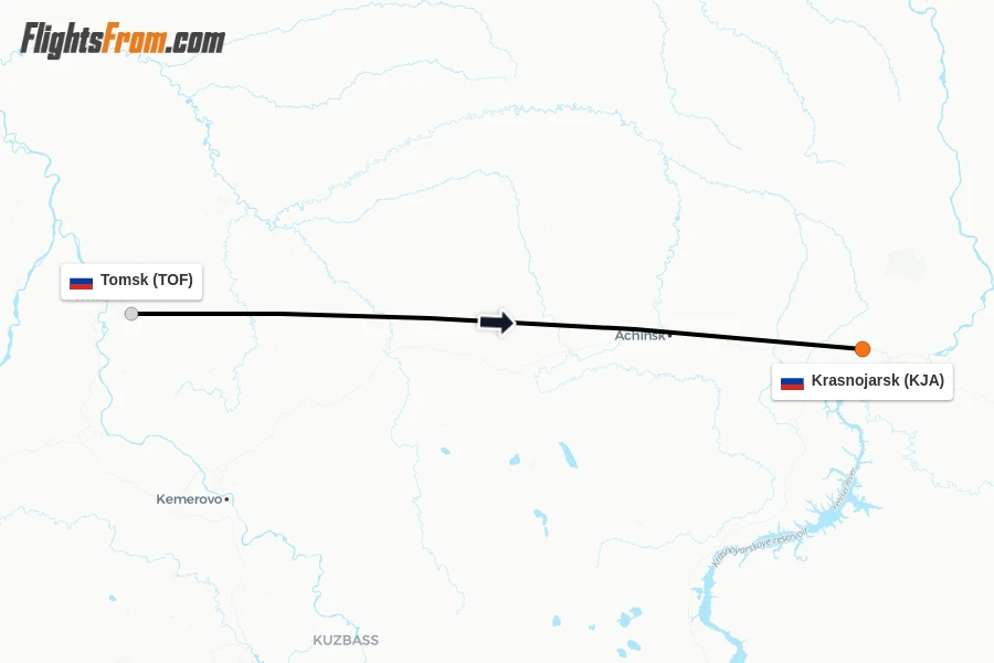 Flights from Tomsk to Krasnojarsk route map