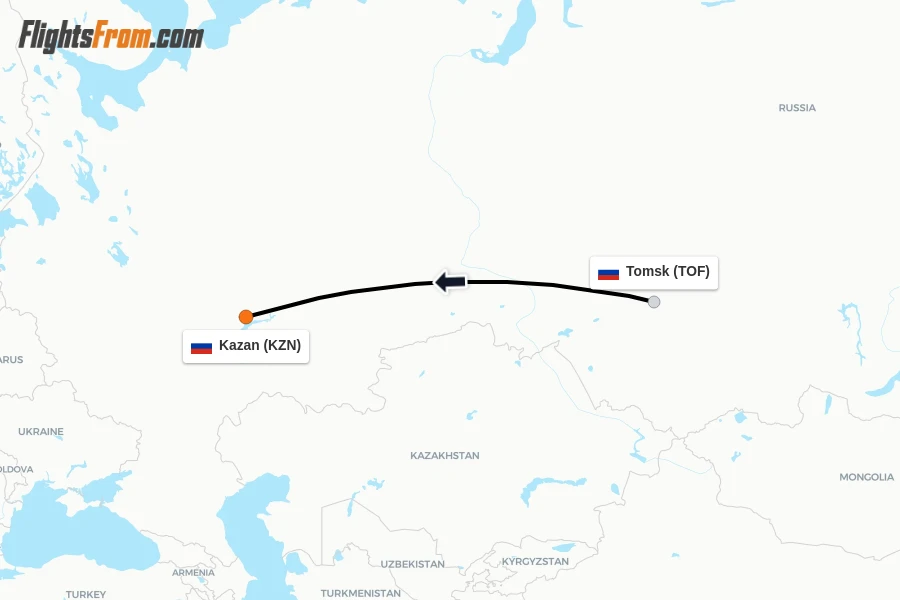 Flights from Tomsk to Kazan route map