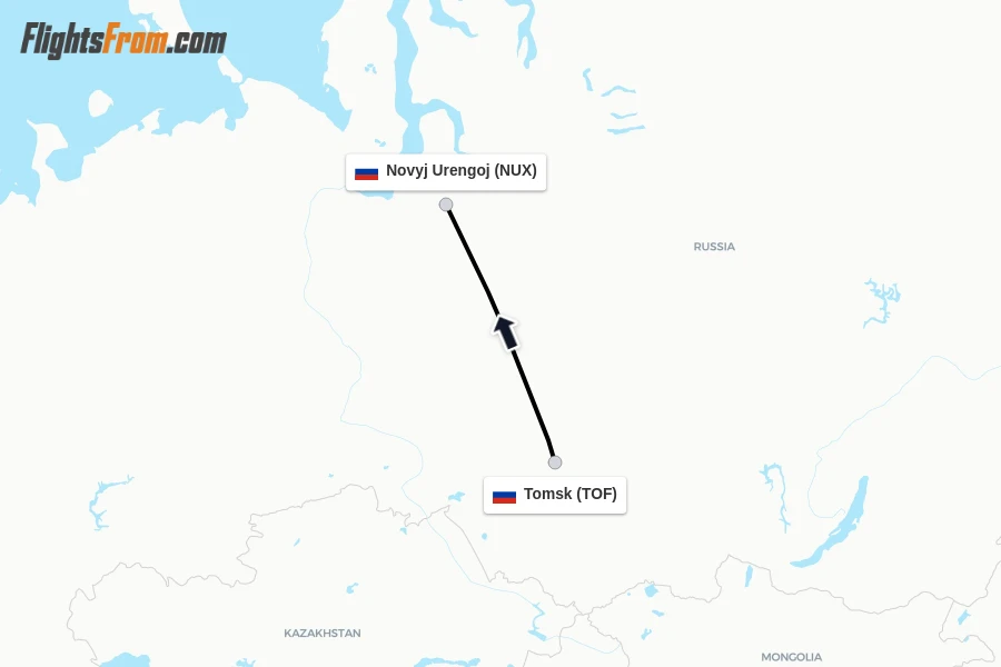 Flights from Tomsk to Novyj Urengoj route map