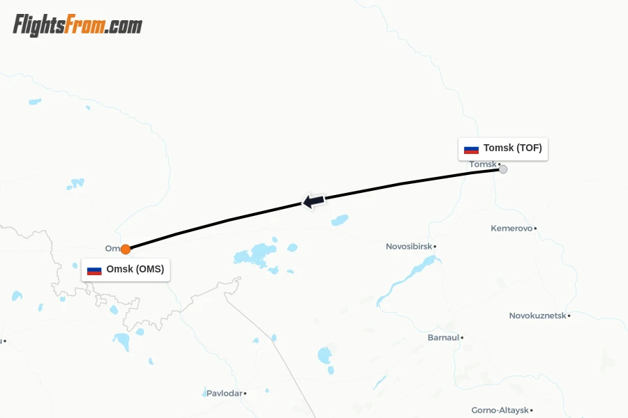 Flights from Tomsk to Omsk route map