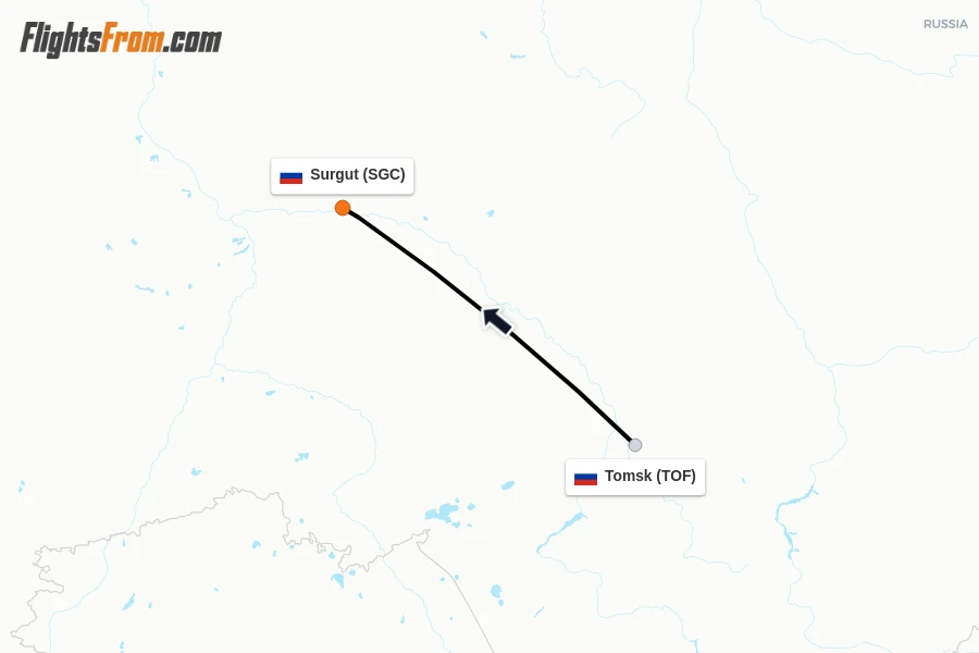Flights from Tomsk to Surgut route map