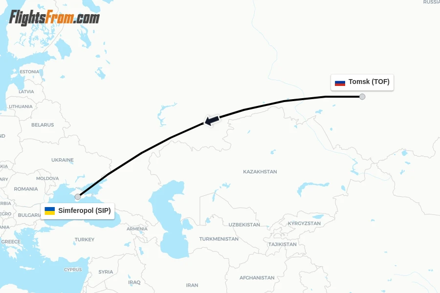 Flights from Tomsk to Simferopol route map