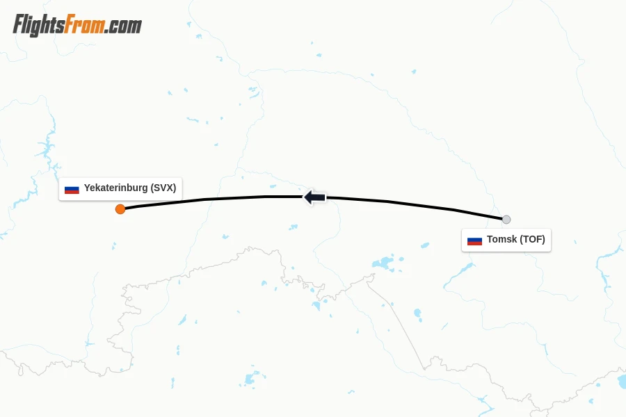 Flights from Tomsk to Yekaterinburg route map