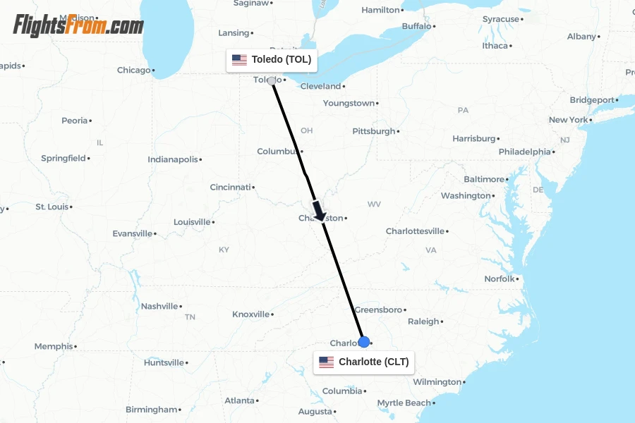 Flights from Toledo to Charlotte route map