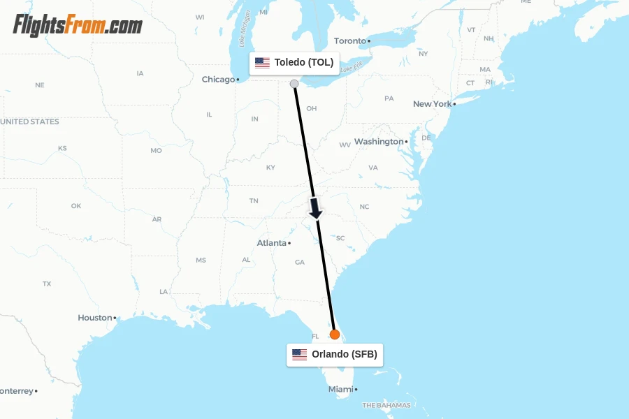 Flights from Toledo to Orlando route map