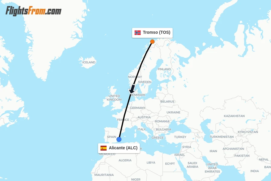 Flights from Tromso to Alicante route map