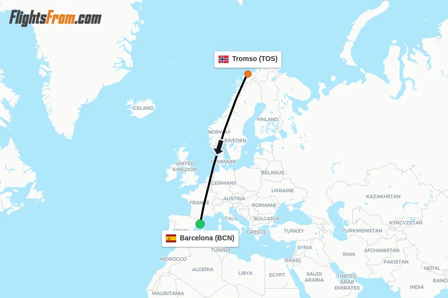 Flights from Tromso to Barcelona route map