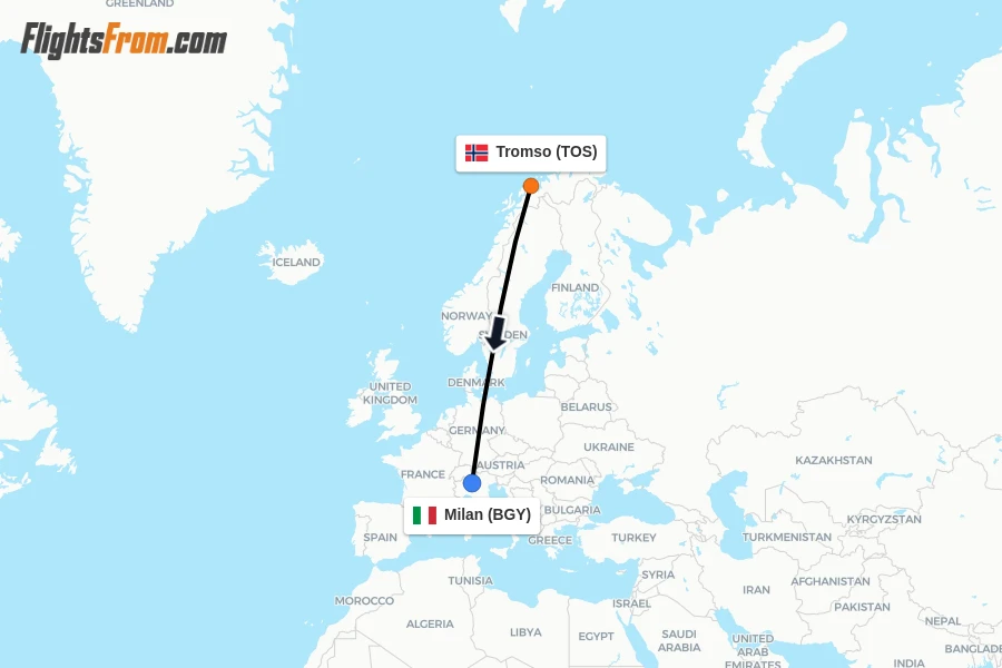 Flights from Tromso to Milan route map