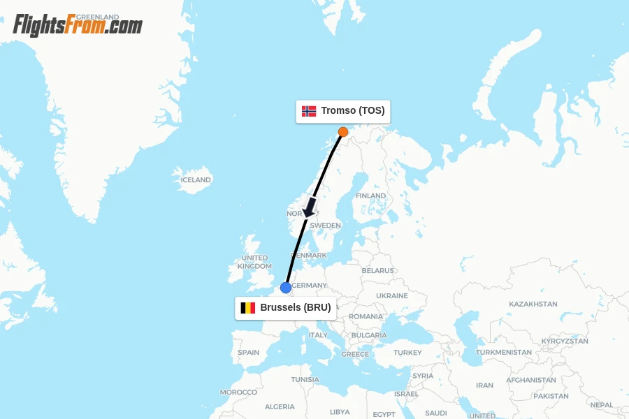 Flights from Tromso to Brussels route map