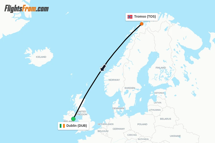 Flights from Tromso to Dublin route map