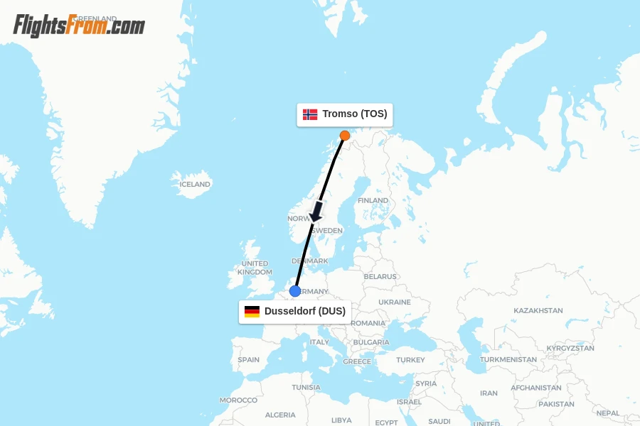 Flights from Tromso to Dusseldorf route map