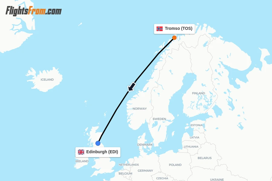 Flights from Tromso to Edinburgh route map