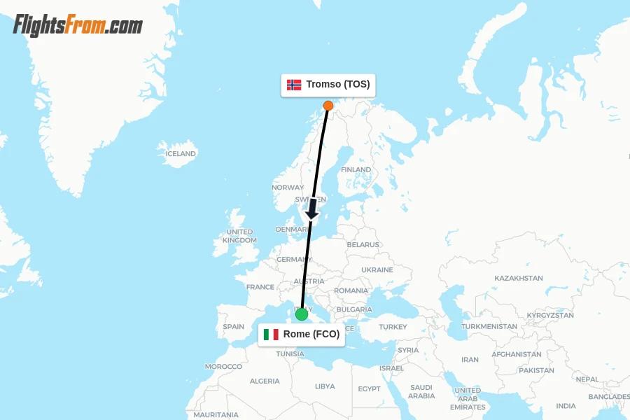 Flights from Tromso to Rome route map