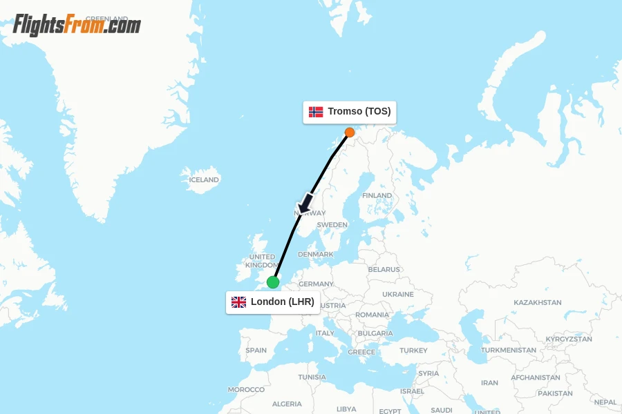 Flights from Tromso to London route map
