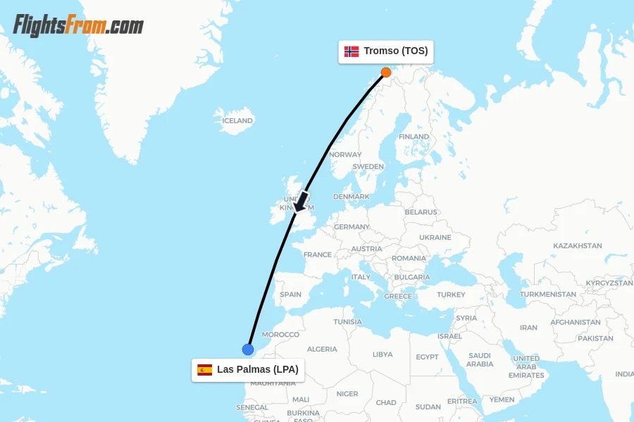 Flights from Tromso to Las Palmas route map