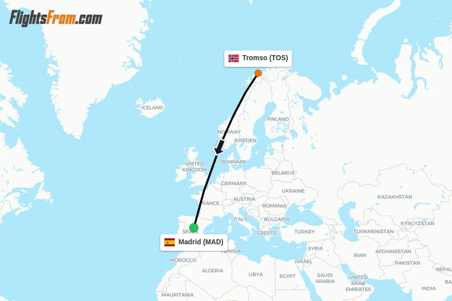 Flights from Tromso to Madrid route map
