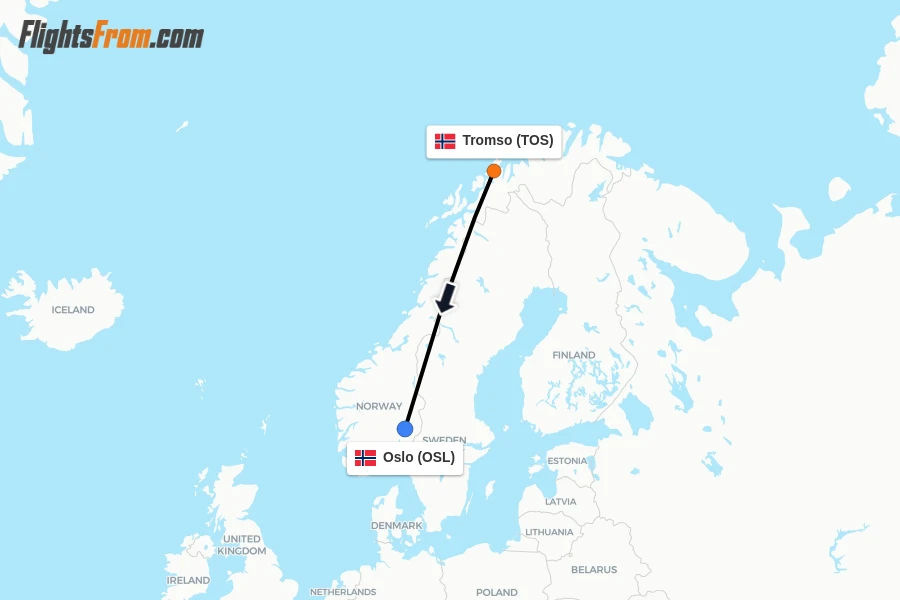 Flights from Tromso to Oslo route map