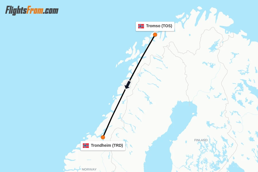 Flights from Tromso to Trondheim route map