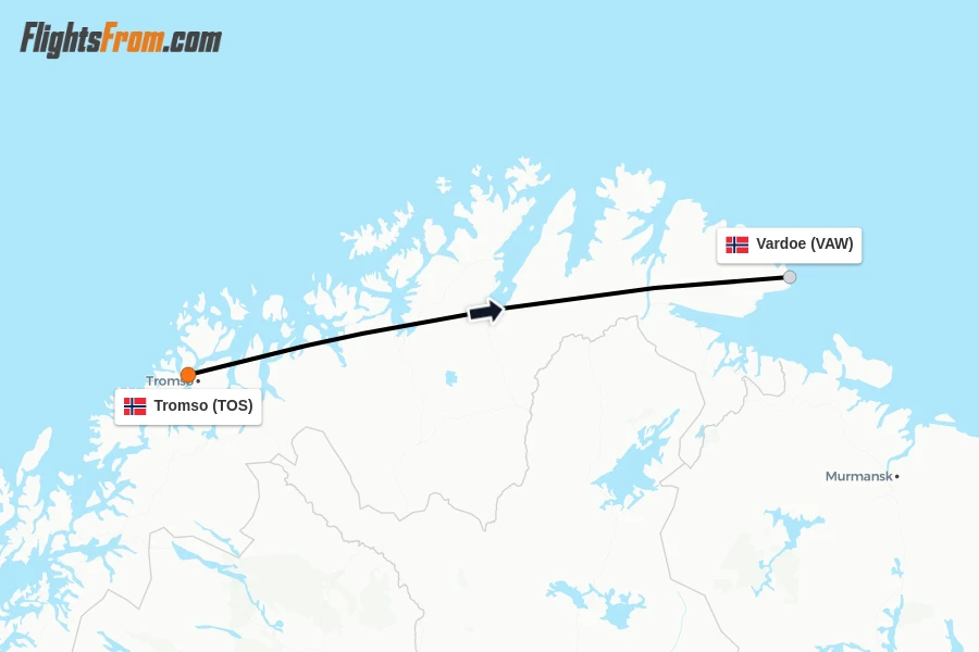 Flights from Tromso to Vardoe route map