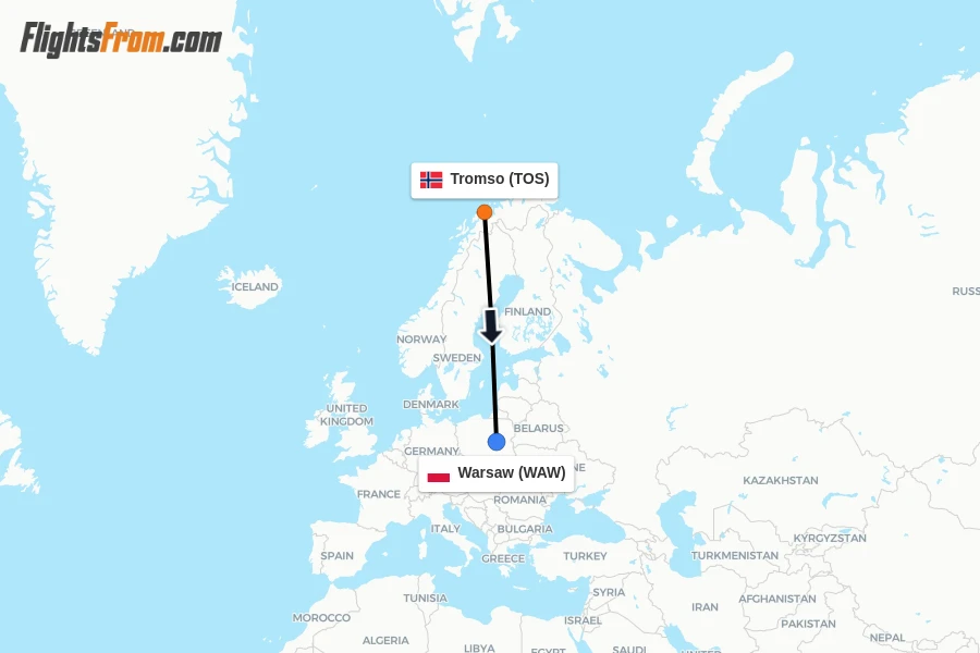 Flights from Tromso to Warsaw route map