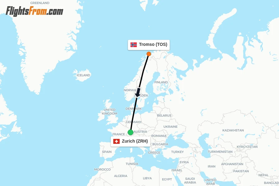 Flights from Tromso to Zurich route map