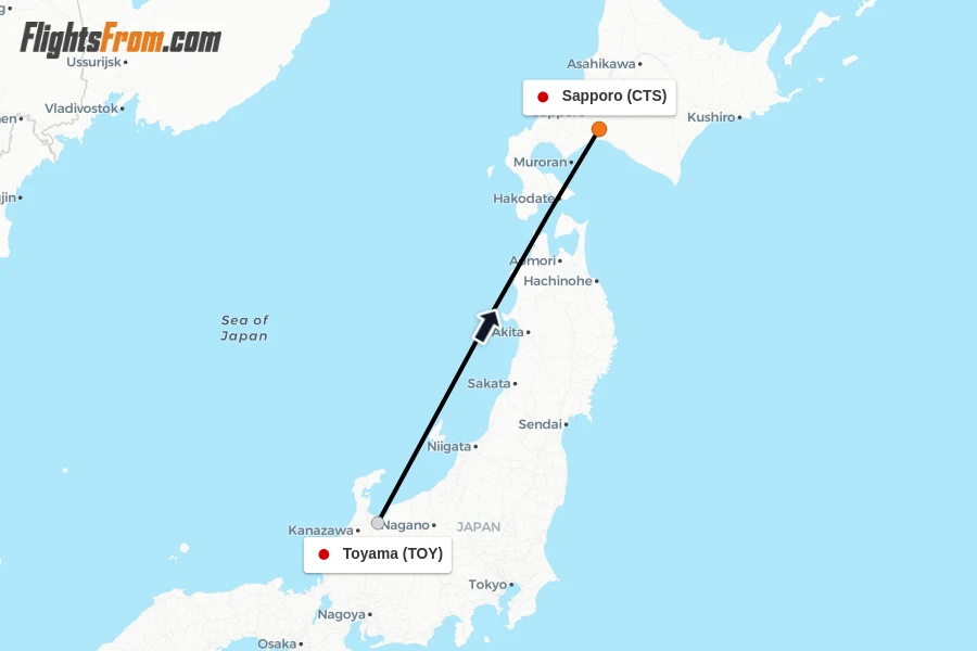 Flights from Toyama to Sapporo route map