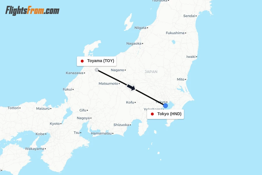 Flights from Toyama to Tokyo route map