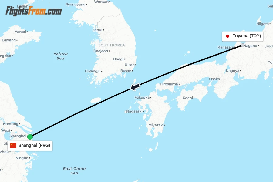 Flights from Toyama to Shanghai route map