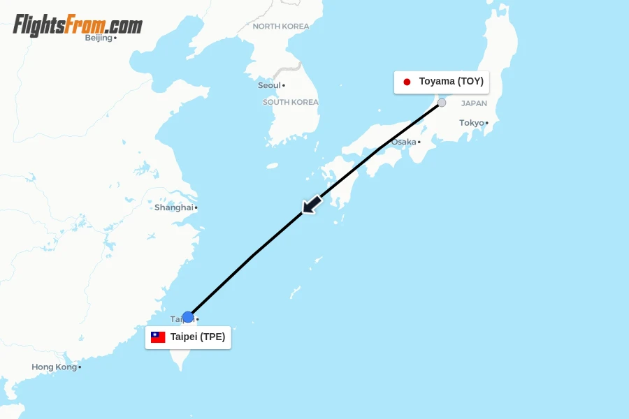 Flights from Toyama to Taipei route map