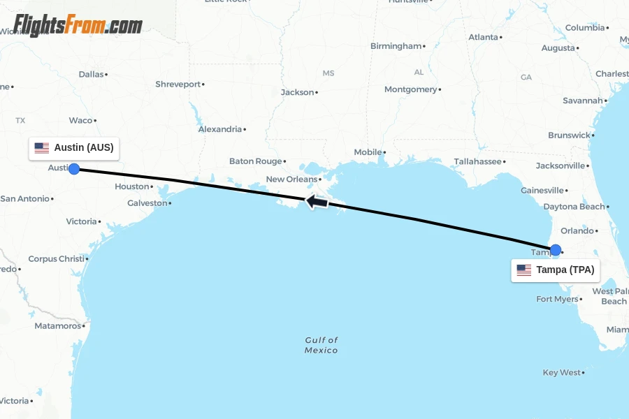 Flights from Tampa to Austin route map