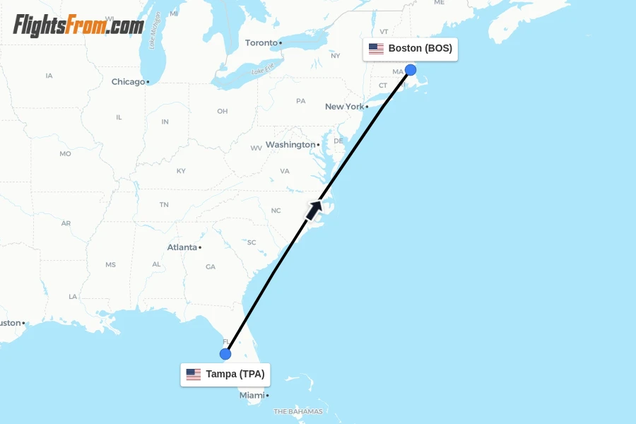 Flights from Tampa to Boston route map