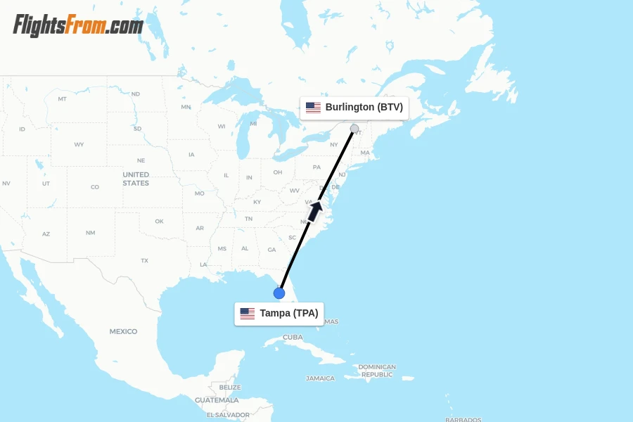 Flights from Tampa to Burlington route map