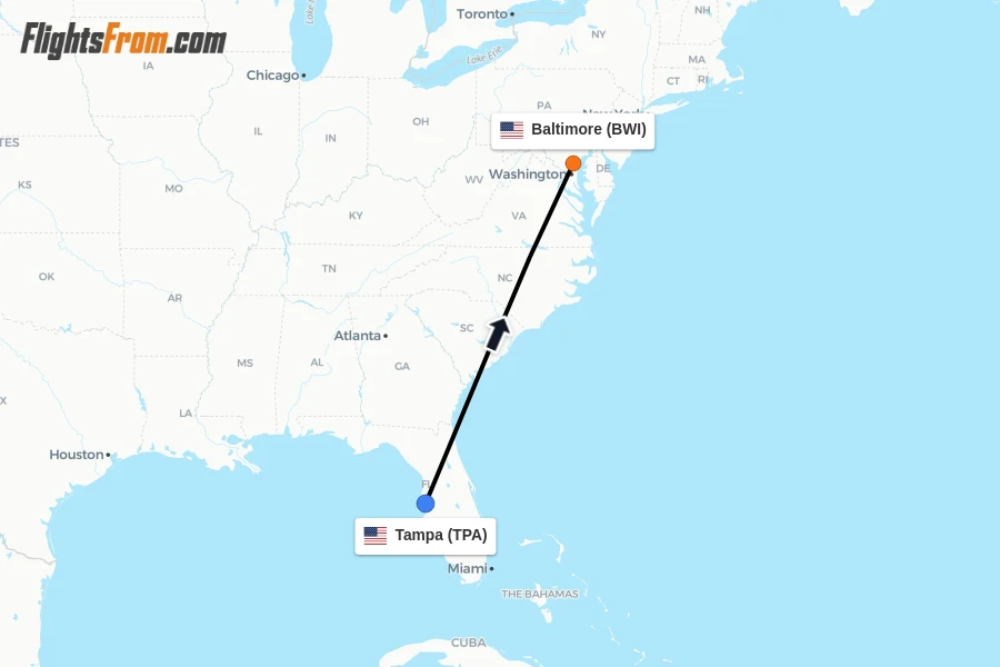 Flights from Tampa to Baltimore route map
