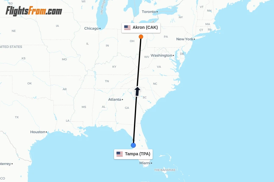 Flights from Tampa to Akron route map