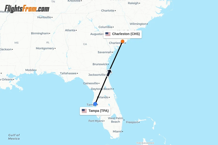 Flights from Tampa to Charleston route map