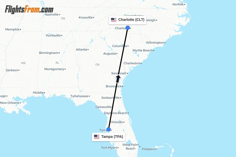 Flights from Tampa to Charlotte route map