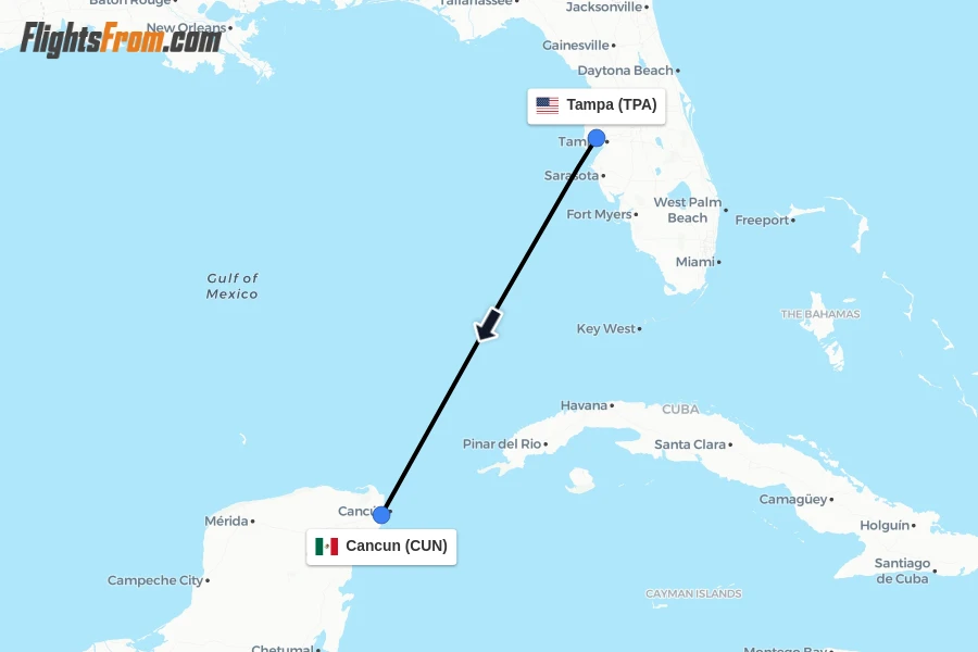 Flights from Tampa to Cancun route map